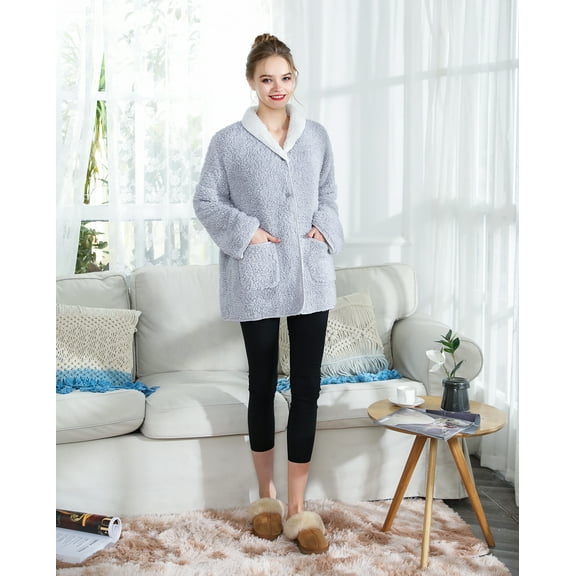 Loungees Sherpa Reversible Button Front Bed Jacket/House coat Lounge Jacket