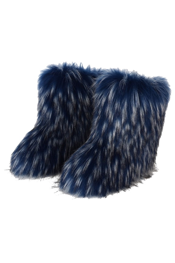 Plush Snow Boots for Women Slip on Mid Calf Winter Furry Booties Fashion Round Toe Flat Shoes Comfy Short Ankle Boots Blue Size 10