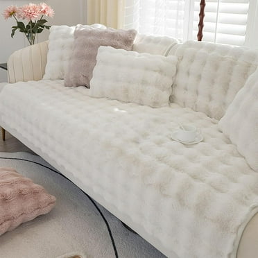 Plush Sofa Cover 1 2 3 Seater, Soft Warm Sofa Slipcover For Corner L Shape 1 2 3 Seater, Non-Slip Velvet Sofa Cushion Covers, Thick Furniture Protector for Kids, Pets (White, 70x70cm)