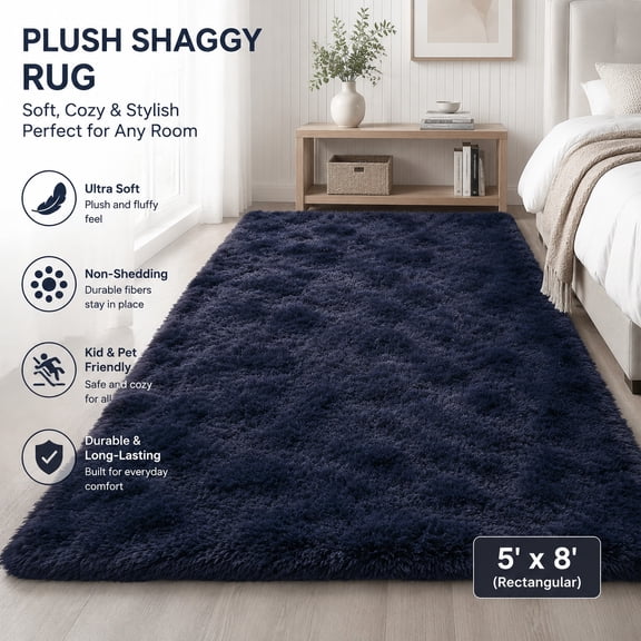 Plush Soft Area Rug 5x8 Feet, Fluffy Non-Shedding Shag Carpet for Bedroom Living Room, Kids Nursery, Decorative Navy Blue Furry Rug