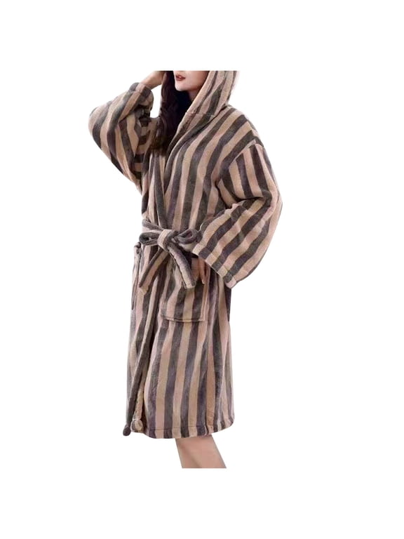Plush Soft Hooded Robes for Women, Striped Printed Fleece Womens Robe Cozy Warm Bathrobe Luxury Hotel Spa Robe