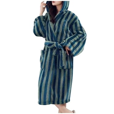 Plush Soft Hooded Robes for Women, Striped Printed Fleece Womens Robe Cozy Warm Bathrobe Luxury Hotel Spa Robe