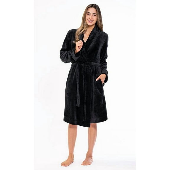 Plush Soft Lightweight, Robe for Women Fleece Bathrobe for Women, Comfy Women's Robe Short - Shawl - Adult Sleepwear Loungewear - Black - Medium