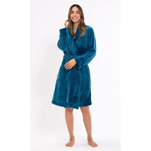 Plush Soft Lightweight, Robe for Women Fleece Bathrobe for Women, Comfy Women's Robe Short - Shawl - Adult Sleepwear Loungewear Harbor Blue - Medium