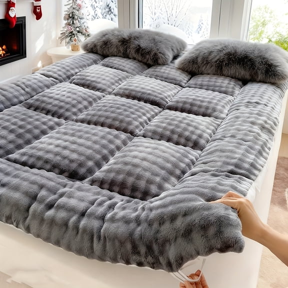 Plush And Soft Mattress Topper - Flannel Bubble with Breathable Fiber Filling, Foldable Roll-Up Sleeping Pad, Comfortable Quilted Mattress Topper with 2.36-3.15inch Thickness for Resting