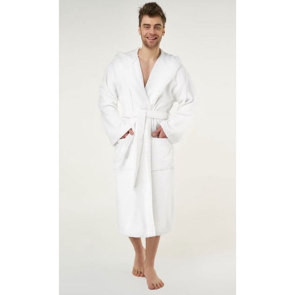 Plush Soft Warm, Robe for Mens Terry Turkish Bathrobe Cotton Towel Robe, Comfy Men's Robe Long Hooded Adult for Hot Tub Shower - White - S/M
