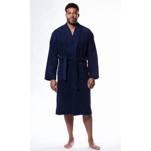 Plush Soft Warm, Robe for Mens Terry Turkish Bathrobe Cotton Towel Robe, Comfy Men's Robe Long Kimono Adult for Hot Tub Shower - Navy Blue - One Size