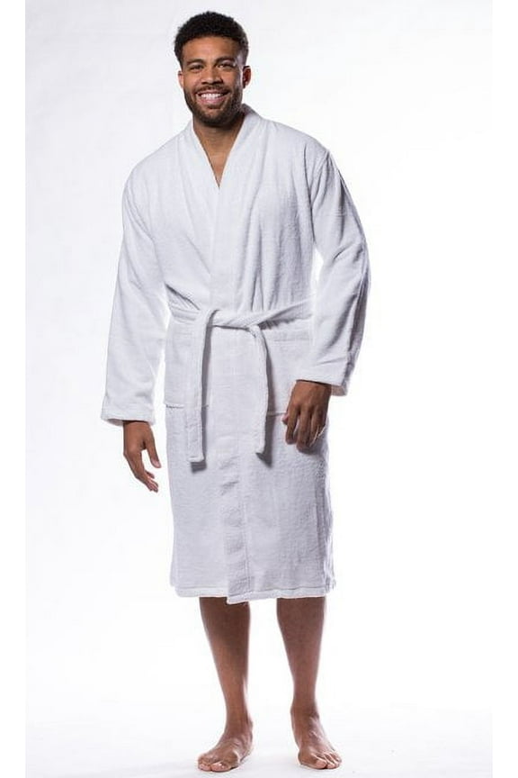 Plush Soft Warm, Robe for Mens Terry Turkish Bathrobe Cotton Towel Robe, Comfy Men's Robe Long Kimono Adult for Hot Tub Shower - White - S/M