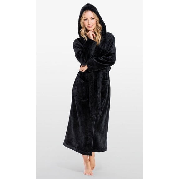 Plush Soft Warm, Robe for Women Fleece Bathrobe for Women, Comfy Women's Robe Long - Hooded - Adult Sleepwear Loungewear - Black - Large
