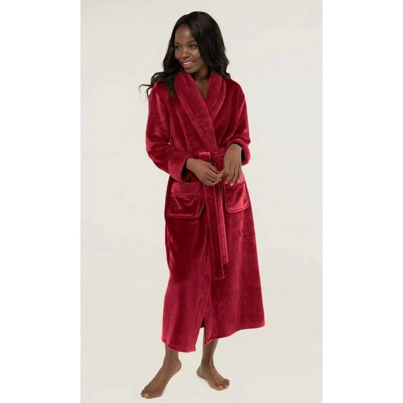 Plush Soft Warm, Robe for Women Fleece Bathrobe for Women, Comfy Women's Robe Long - Shawl - Adult Sleepwear Loungewear - Burgundy - Large