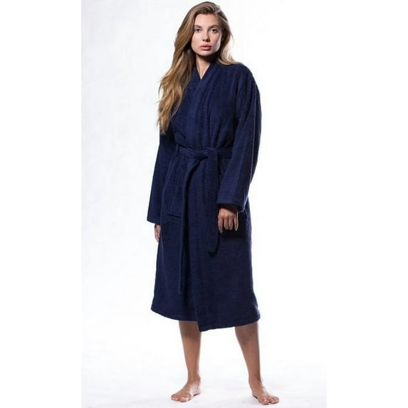 Plush Soft Warm, Robe for Women Terry Turkish Bathrobe Cotton Towel Robe, Comfy Women's Robe Long Kimono Adult for Hot Tub Shower - Navy - S/M
