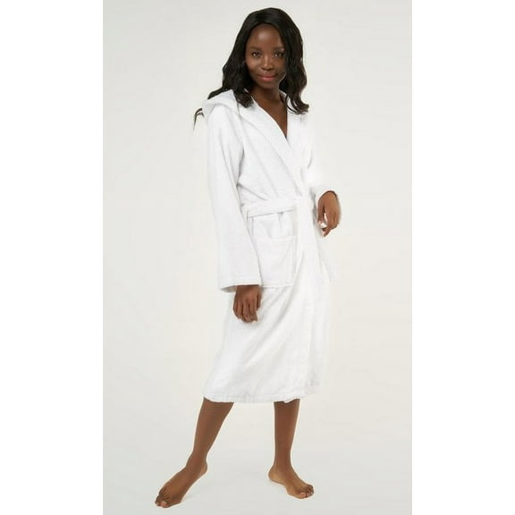Plush Soft Warm, Robe for Womens Terry Turkish Bathrobe Cotton Towel Robe, Comfy Women's Robe Long Hooded Adult for Hot Tub Shower - White - One Size