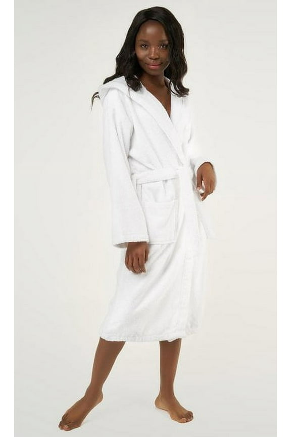 Plush Soft Warm, Robe for Womens Terry Turkish Bathrobe Cotton Towel Robe, Comfy Women's Robe Long Hooded Adult for Hot Tub Shower - White - One Size