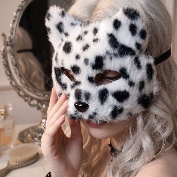 Plush Spotted Cat Masquerade Mask 7 Inch Halloween for Student, Mask for Masquerade Party Half Face Accessory for Halloween Party Dress Up, 1 Pack