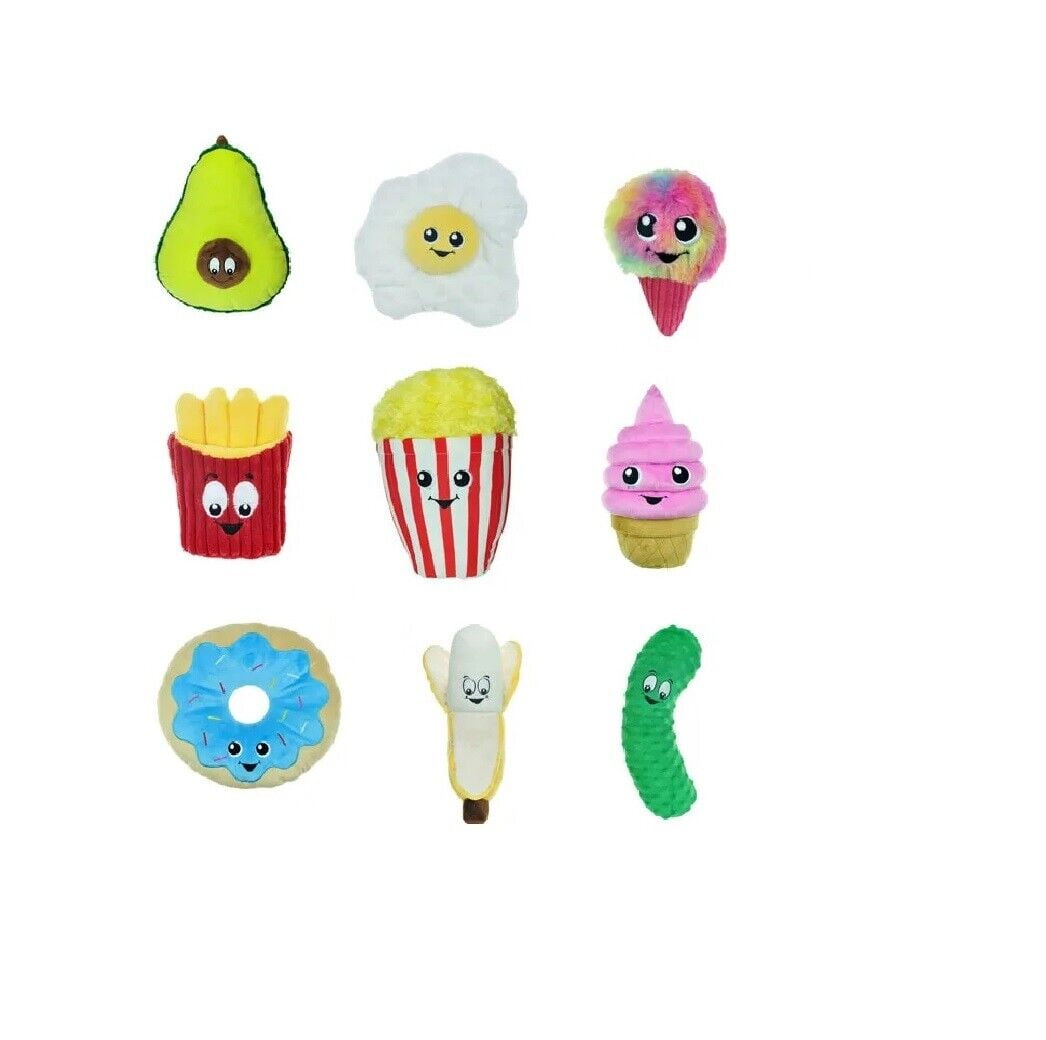 Plush Squeaker Toys for Small to Medium Dogs Food Junkies Funny Snack Characters (Full Set - All 9 Toys)