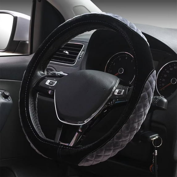 Plush Steering Wheel Cover, Flat Bottom Car Steering Wheel Protector D Cut Shaped, Universal Diameter 38 cm 15", Gray
