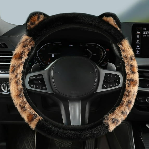 Plush Steering Wheel Cover for Winter Warmth, Soft Polyester with Fun 3D Cat Ear Design, Universal Fit for 13.3-15.3 Inch Wheels, Easy Slip-On Comfort
