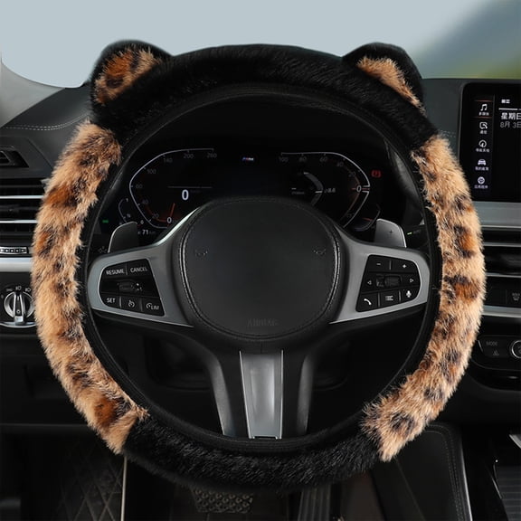 Plush Steering Wheel Cover for Winter Warmth, Soft Polyester with Fun 3D Cat Ear Design, Universal Fit for 13.3-15.3 Inch Wheels, Easy Slip-On Comfort