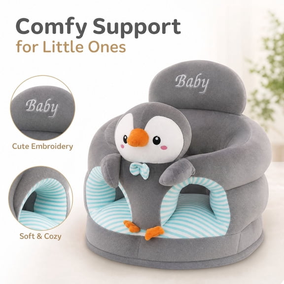 Plush Student Floor Seat with Penguin Design and Soft Support, Gray, for Infants and Toddlers, Support Chair