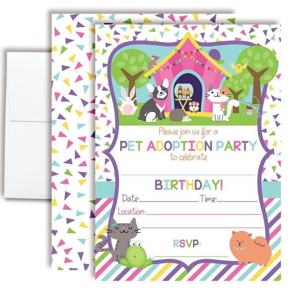 Plush Stuffed Animal Adoption Birthday Invitations for Kids, 20 Fill-In Cards with Envelopes, 5x7 Children's Birthday Party Invitations, Birthday Party Supplies, Made in USA by Amanda Creation