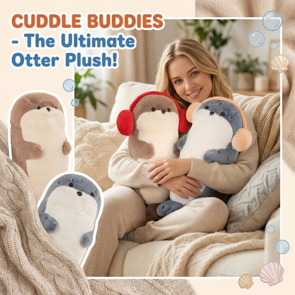 Plush Stuffed Animals, Fluffy Body Pillow, Otter Stuffed Animal, 20X8 in, Red Earmuffs, Ocean Theme, 1 Pc, Friend Birthday Gift, Sleep Cuddle