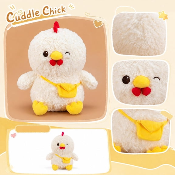 Plush Stuffed Animals, White Chicken Plush, Curly, Crossbody Pouch, 10X8 Inch Cute Sitting Chicken Stuffed Animal with Soft Fluffy Material, Yellow Beak and Red Comb for Cozy