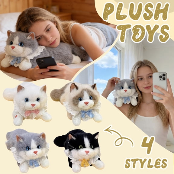 Plush Stuffed Cat, Cat Plush, Lying Cat Plush, Lace Collar Plush, Yellow Gingham Bow, 18 Inch Fluffy White Cat Stuffed Animal with Soft Plush Fabric for Student, Home Display, and