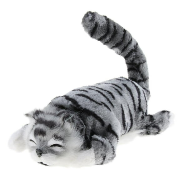 Plush Stuffed Fuzzy Electronic Cat - Electric Rolling & Wagging Tail Pet Animal Ornament - Grey