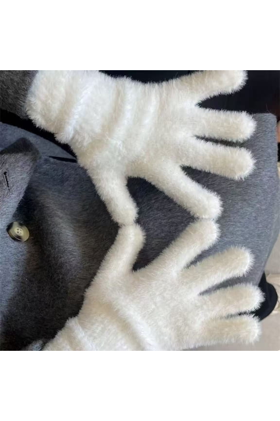 Plush Surface Full Finger Gloves, Soft Fuzzy Thermal Winter Gloves, Warm Five-Finger Design for Student Cycling, Daily Commute and Outdoor Cold Weather Protection White