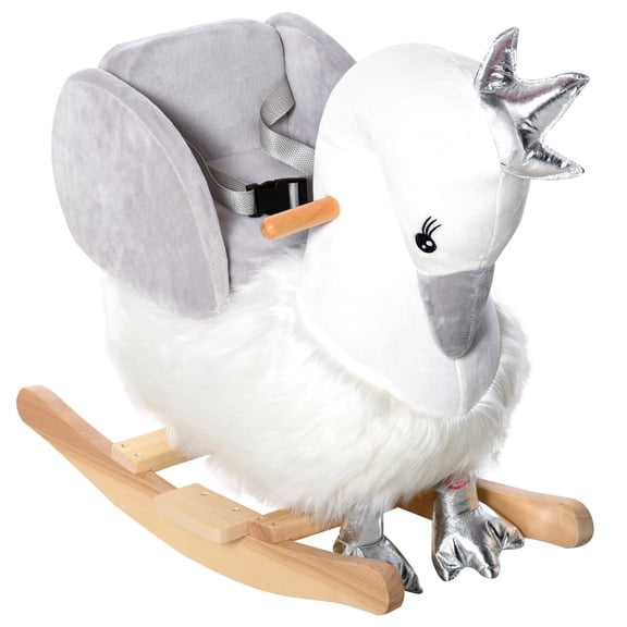 Plush Swan Rocking Horse Ride On with Sound, Wooden Base & Safety Belt, Soft & Comfortable Seat for Ages 18-36 Months