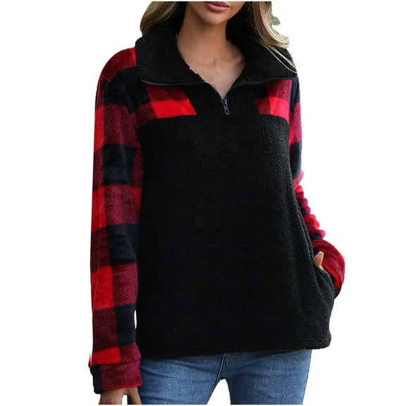 Plush Sweatshirts for Women Sherpa Plaid Print Pullover Casual Lapel Zip Up Sweatshirts Stylish Loose Fit Pullover on Womens Sweatshirt