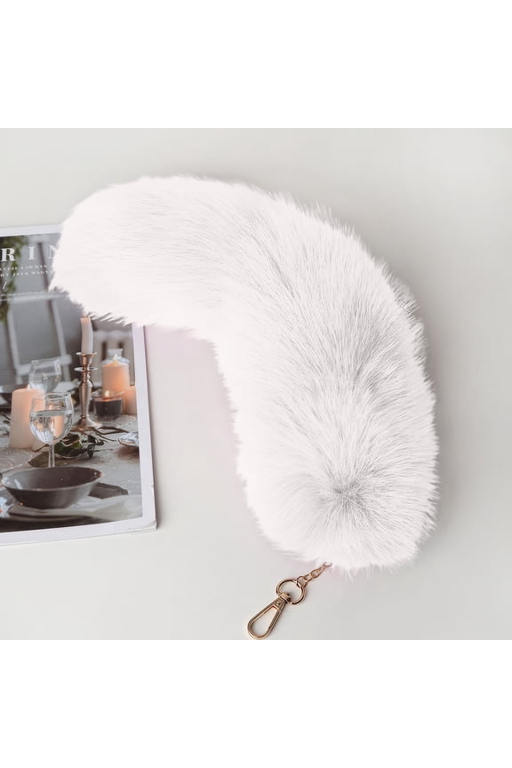Plush Tail Keychain Role Play Toy Costume Accessory Furry Animal Cosplay Bag Charm Purse Pendant Gift for Girls, 12 inch White