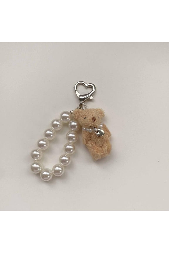Plush Teddy Bear Pearl Bracelets Cell Phone Chain Cute Doll Bag Charms Keychain Pendant Girl Heart Hanging Ornament