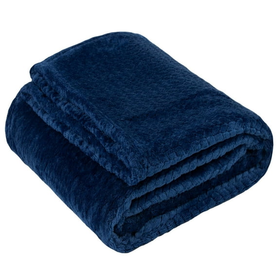 Plush Textured Waffle Knit 60”L x 50”W Lightweight Reversible Microfiber Sherpa Throw Blanket for Adults, Kids, Pets, Beds, Couches and Loveseats in Navy Blue
