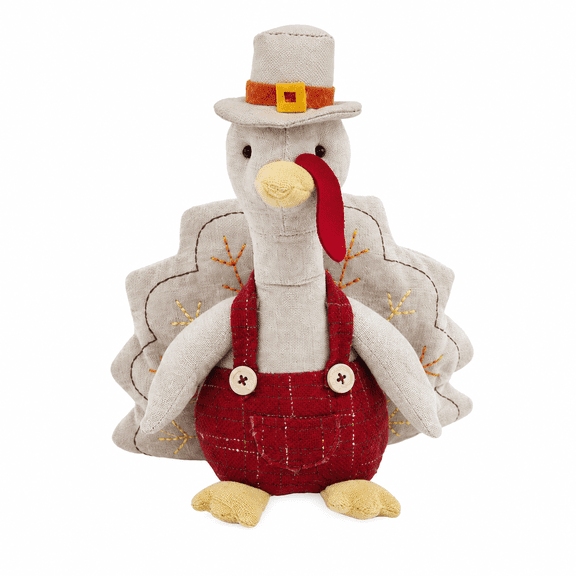Plush Thanksgiving Turkey Pilgrim 10 inch Fall Harvest Tabletop Decoration Soft Fabric Turkey with Red Overalls Shelf Mantel Home Room Decor