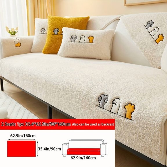 Plush Thick Shearling Sofa Cover with Animal & Bone Embroidery - Pet-Friendly Non-Slip Couch Protector for All Sizes, Soft Warm Decor for Living Room Bedroom Office