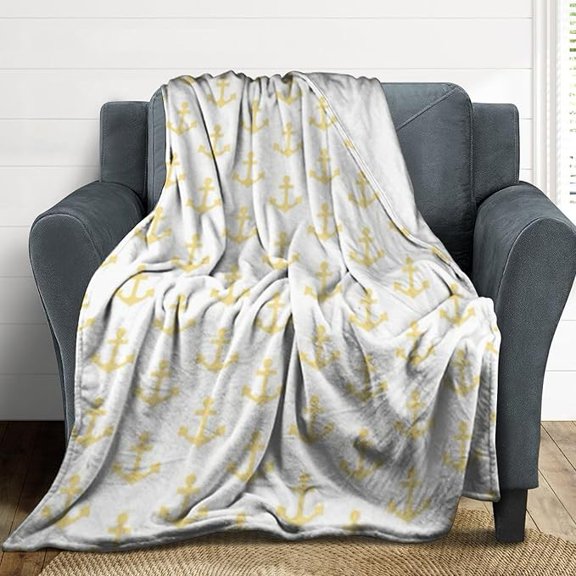 Plush Throw Blanket Anchors Pattern Nautical Light Sun Yellow White Soft Cozy Blanket Flannel Blankets All-Season For Sofa Couch Bed 60" x 80"