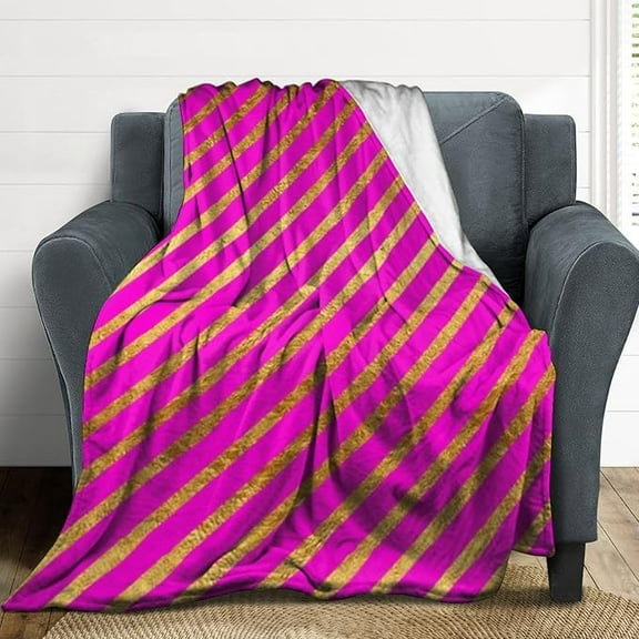 Plush Throw Blanket Hot Pink Gold Stripe Faux Foil Metallic Stripes Soft Cozy Blanket Flannel Blankets All-Season For Sofa Couch Bed 40" x 50"
