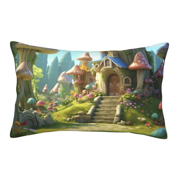 Plush Throw Pillow Covers, Cute Mushroom Town A Pillow Cases with Invisible Zipper, Breathable Microfiber Pillow Cases Standard Size for Sleeping Bedroom Sofa Living Room 14x20
