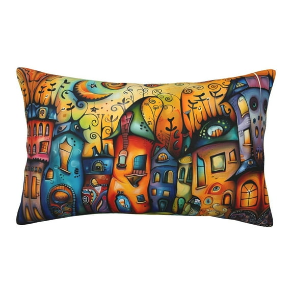 Plush Throw Pillow Covers, Whimsical Colorful Village Street Pillow Cases with Invisible Zipper, Breathable Microfiber Pillow Cases Standard Size for Sleeping Bedroom Sofa Living Room 14x20