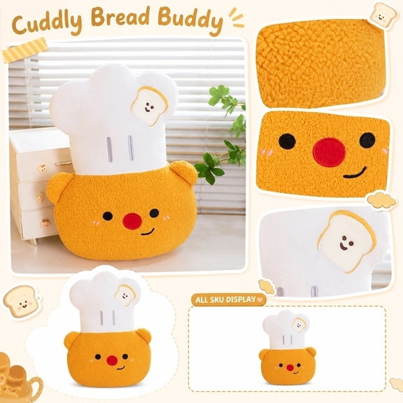 Plush Throw Pillow, Stuffed Animal, Cute Pillow, Cute Home Decor, 18X8 Inch Soft Chef Bear Snuggle Pillow with Mini Toast Detail for Lounge Use and Warm Decor