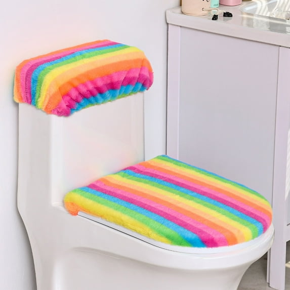 Plush Toilet Cover Set Machine Washable Lid Tank Protector Easy Install Bathroom Decor Blue Pink Orange Multicolor 16.9X23.6In