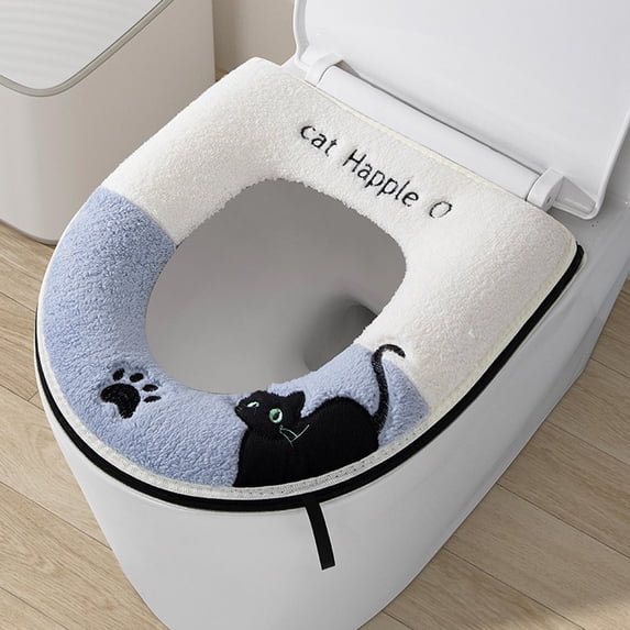 Plush Toilet Seat Cover with Cute Black Cat Design, Winter Warm Waterproof & Soft Universal Fit for Most Toilets, Removable Easy to Clean Bathroom Toilet Lid Cover