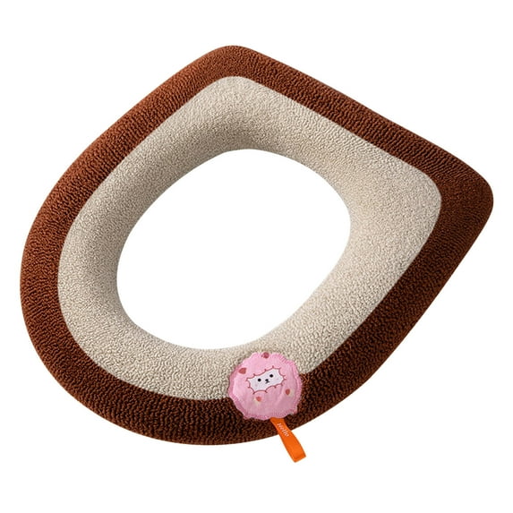 Plush Toilet Seat Cover with Handle Soft Warm Pad for Round Elongated Bowls - Easy Install Bathroom Mat(Brown)