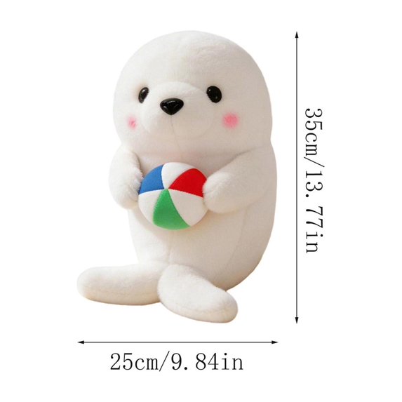 Plush Toy, Cute White Seal Holding Ball, 1 Piece 13.8in, Soft Cuddly Stuffed Toy for Kids Room Decor Gift