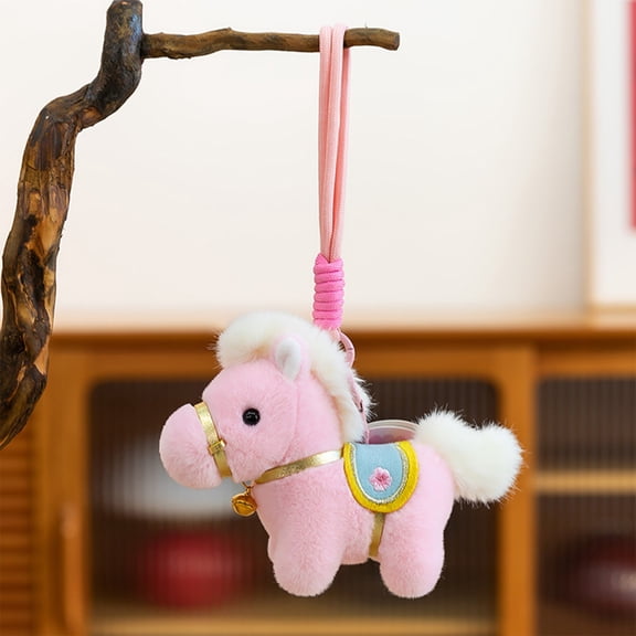 Plush Toy Horse Doll | Soft Short Plush, Embroidered Saddle, Golden Bells | 4.7" Cute Animal Figure, Hanging Rope, Pink Yellow White | Decorative, Car Bag Ornament, Gift Collectible