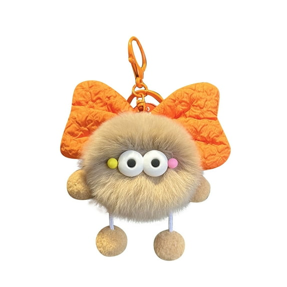 Plush Toy Keychain Handmade Fuzzy Ball Bag Charm with Eyes and Giant Bow Novelty Pom-pom Man Bag Pendant with Hands and Legs Purse Charm Ornament Car Accessoies Key Ring for Gift Handbag(Khaki)