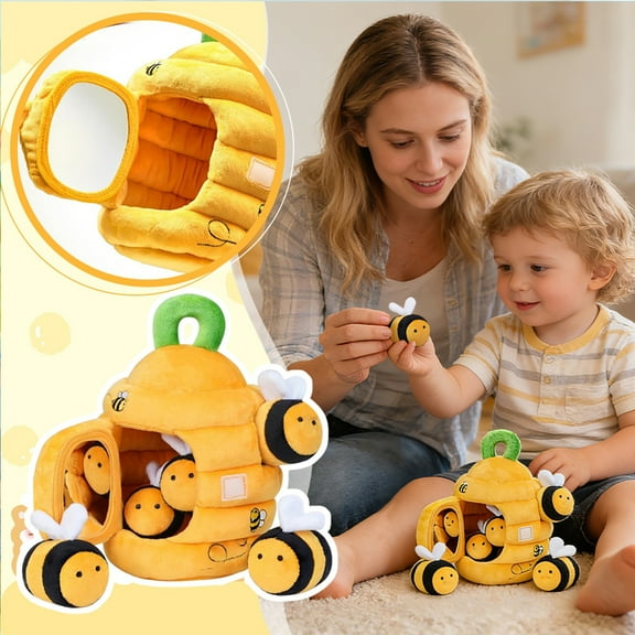 Plush Toy Playset - 1 Honeycomb - Shaped Mini House With 5 Bee Dolls For Kids Sensory Development Educational Play At Home Or Preschool