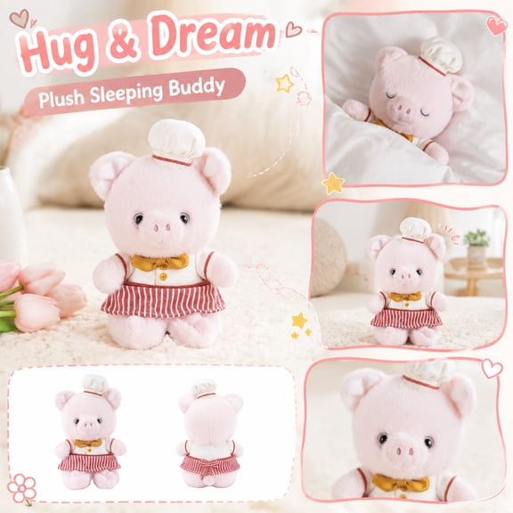 Plush Toys, Piglet Stuffed Animal, Stuffed Plush, Chef Outfit, 10X6 Inch Adorable Pudgy Pink Pig Stuffed Doll, Durable Washable Cuddle Companion for Play and Comfort