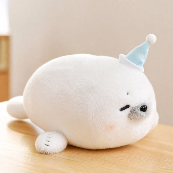 Plush Toys, Seal Plush Pillow, Stuffed Seal, Napping Plush, 18X12 Inch Soft Fluffy White Seal Plush with Party Hat, Perfect for All Age Cozy Rest and Daily Cuddling